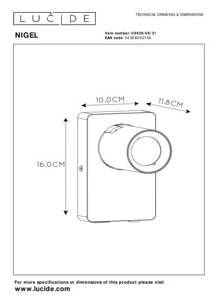 Lucide NIGEL - Bedside lamp / Wall light - LED Dim to warm - GU10 - 1x5W 2200K/3000K - With USB charging point - White - technical